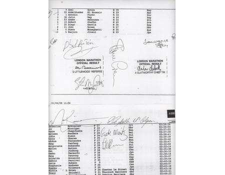 1998 LONDON MARATHON POST RACE PARTY INVITATION & RACE RESULTS SHEETS - SIGNED BY ALL THE TOP RACERS