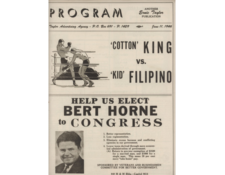 COTTON KING V KID FILIPINO 1946 (HOUSTON) BOXING PROGRAM