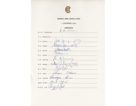 HAMPSHIRE COUNTY CRICKET CLUB 1991 AUTOGRAPH SHEET - NATWEST FINAL
