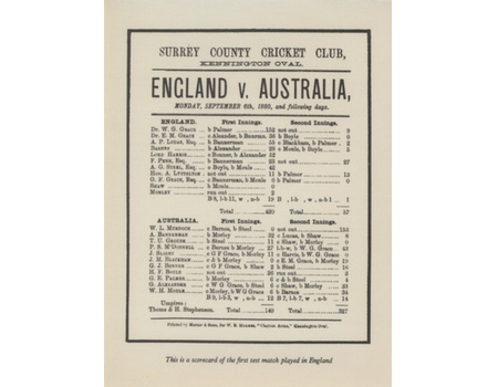 ENGLAND V AUSTRALIA 1880 SOUVENIR CRICKET SCORECARD