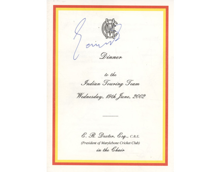 INDIAN CRICKET TOUR TO ENGLAND 2002 SIGNED DINNER MENU