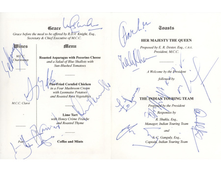 INDIAN CRICKET TOUR TO ENGLAND 2002 SIGNED DINNER MENU