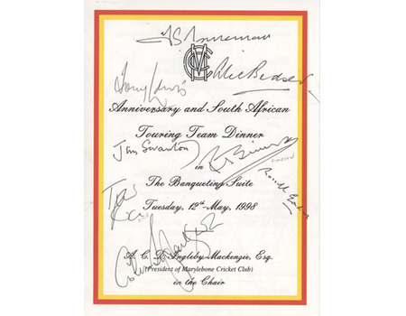 SOUTH AFRICA CRICKET TOUR 1998 SIGNED DINNER MENU