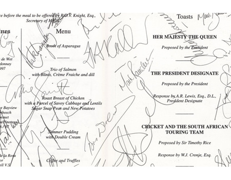 SOUTH AFRICA CRICKET TOUR 1998 SIGNED DINNER MENU