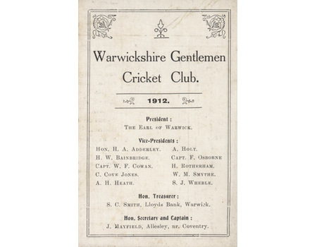 WARWICKSHIRE GENTLEMEN CRICKET CLUB FIXTURES LIST 1912