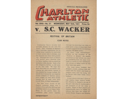 CHARLTON ATHLETIC V S.C. WACKER 1950-51 FOOTBALL PROGRAMME - BRIAN GLANVILLE