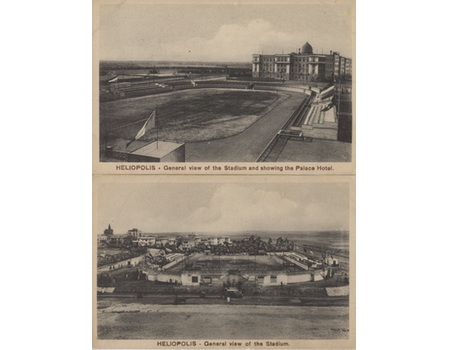 HELIOPOLIS (EGYPT) - VIEWS OF STADIUM AND PALACE HOTEL POSTCARDS (X2)