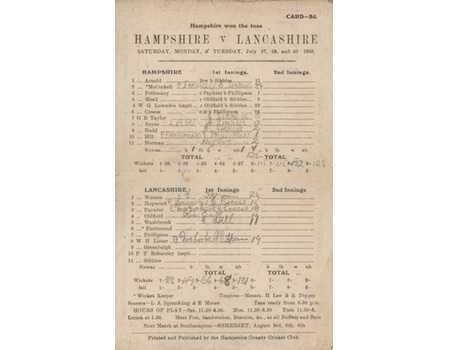 HAMPSHIRE V LANCASHIRE 1935 CRICKET SCORECARD
