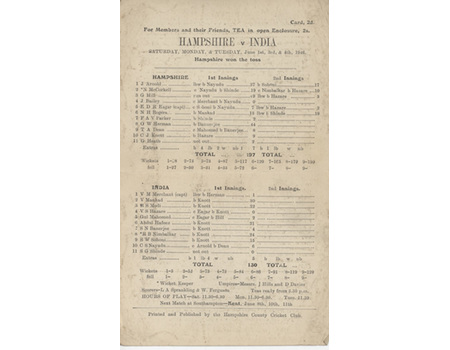 HAMPSHIRE V INDIA 1946 CRICKET SCORECARD