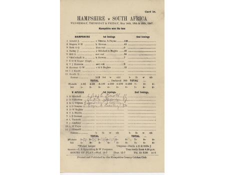 HAMPSHIRE V SOUTH AFRICA 1947 CRICKET SCORECARD