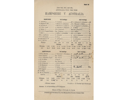 HAMPSHIRE V AUSTRALIA 1948 CRICKET SCORECARD