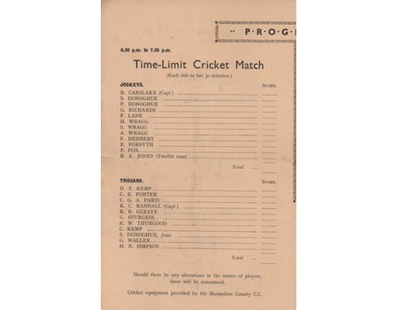 FAMOUS JOCKEYS V TROJANS RFC CRICKET MATCH 1932 (SOUTHAMPTON) PROGRAMME