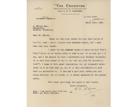 PLUM WARNER (MIDDLESEX & ENGLAND) 1923 CRICKET LETTER 