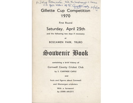 A BRIEF HISTORY OF CORNWALL COUNTY CRICKET CLUB (IRVING ROSENWATER