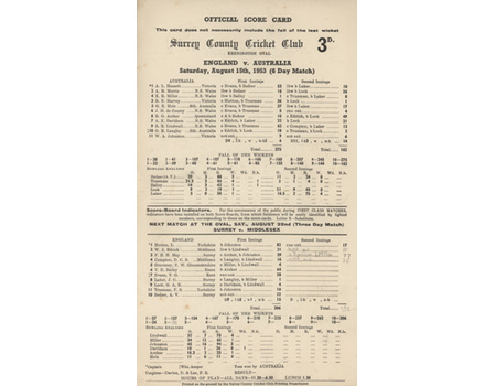 ENGLAND V AUSTRALIA 1953 (OVAL) CRICKET SCORECARD  - ENGLAND RECOVER ASHES