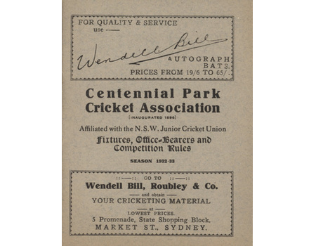 CENTENNIAL PARK CRICKET ASSOCIATION (SYDNEY) 1932-33 HANDBOOK