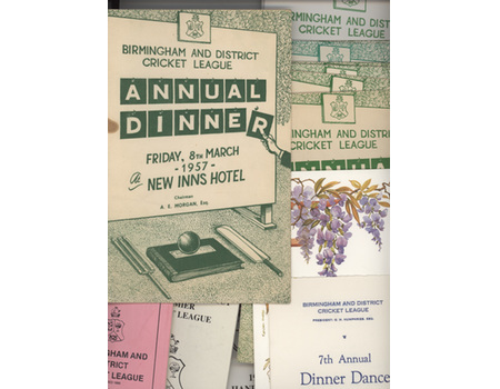 BIRMINGHAM AND DISTRICT CRICKET LEAGUE DINNER MENUS 1957-1998 + HANDBOOKS ETC. (27 ITEMS)
