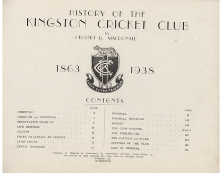 HISTORY OF THE KINGSTON CRICKET CLUB 1863-1938