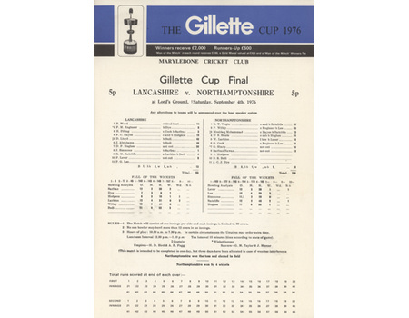 LANCASHIRE V NORTHAMPTONSHIRE 1976 GILLETTE CUP FINAL CRICKET SCORECARD