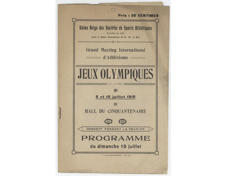 1910 ATHLETICS MEETING (BRUSSELS) OFFICIAL PROGRAMME