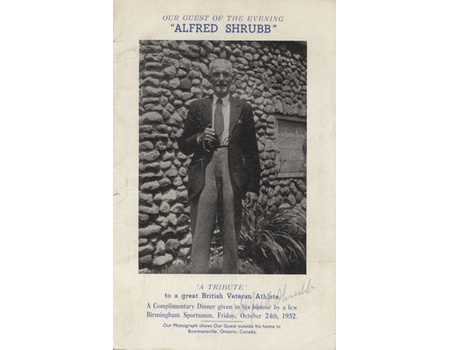 ALFRED SHRUBB "A TRIBUTE" 1952 SIGNED ATHLETICS DINNER MENU