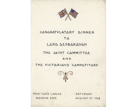 1908 OLYMPIC GAMES DINNER MENU - NEW YORK LODGE, BOURNE END