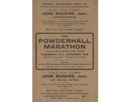 POWDERHALL MARATHON 1912 OFFICIAL PROGRAMME