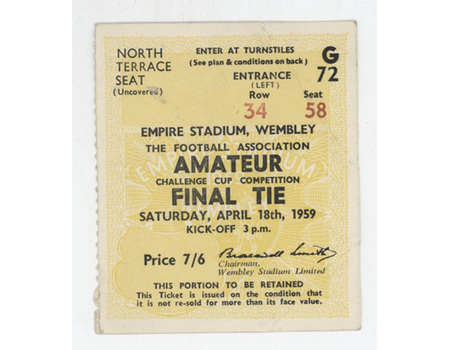 CROOK TOWN V BARNET 1959 AMATEUR CUP FINAL FOOTBALL TICKET