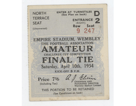 CROOK TOWN V BISHOP AUCKLAND 1954 AMATEUR CUP FINAL FOOTBALL TICKET