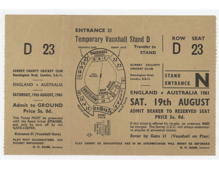 ENGLAND V AUSTRALIA 1961 (OVAL) CRICKET TICKET