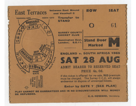 ENGLAND V SOUTH AFRICA 1965 (OVAL) CRICKET TICKET