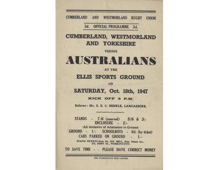 CUMBERLAND, WESTMORLAND AND YORKSHIRE V AUSTRALIA 1947 RUGBY PROGRAMME