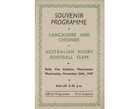 LANCASHIRE AND CHESHIRE V AUSTRALIA 1947 RUGBY PROGRAMME