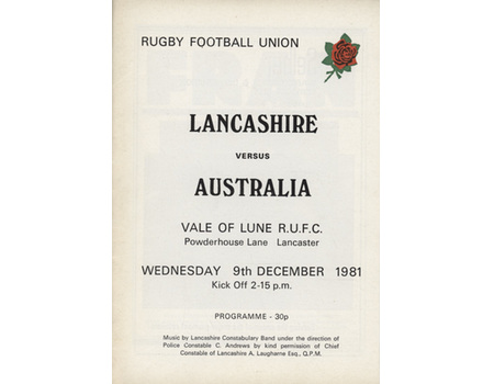 LANCASHIRE V AUSTRALIA 1981 RUGBY PROGRAMME