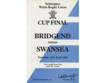 BRIDGEND V SWANSEA 1980 (SCHWEPPES CUP FINAL) RUGBY PROGRAMME