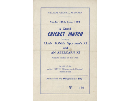 ALAN JONES XI V ABERCARN XI 1972 CRICKET PROGRAMME - ALAN JONES BENEFIT MATCH