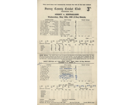 SURREY V AUSTRALIANS 1956 (LAKER 10 WICKETS) CRICKET SCORECARD