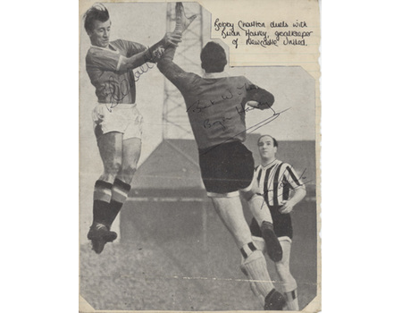 MANCHESTER UNITED V NEWCASTLE UNITED (CHARLTON, HARVEY & SCOULAR) SIGNED MAGAZINE PHOTOGRAPH