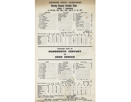 SURREY V DERBYSHIRE 1977 CRICKET SCORECARD - JOHN EDRICH