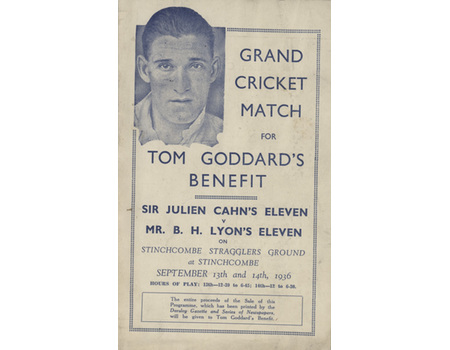 TOM GODDARD (GLOUCESTERSHIRE & ENGLAND) BENEFIT CRICKET MATCH 1936 SIGNED PROGRAMME