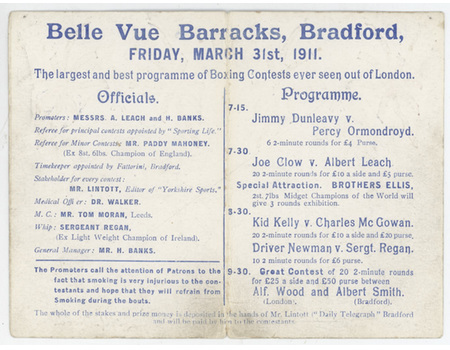 ALF WOOD V ALBERT SMITH 1911 (BRADFORD) BOXING PROGRAMME