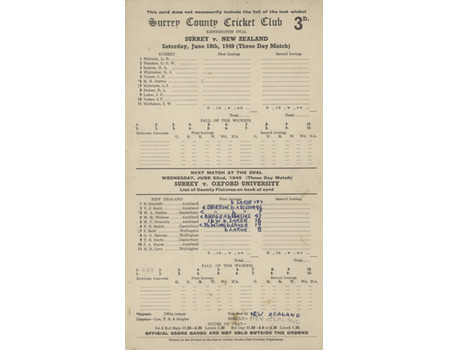 SURREY V NEW ZEALAND 1949 CRICKET SCORECARD