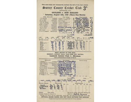 ENGLAND V NEW ZEALAND 1949 (OVAL) CRICKET SCORECARD