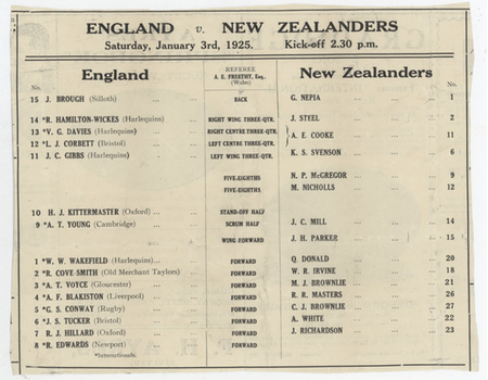 ENGLAND V NEW ZEALAND 1924-25 RUGBY PROGRAMME - "INVINCIBLES" TOUR