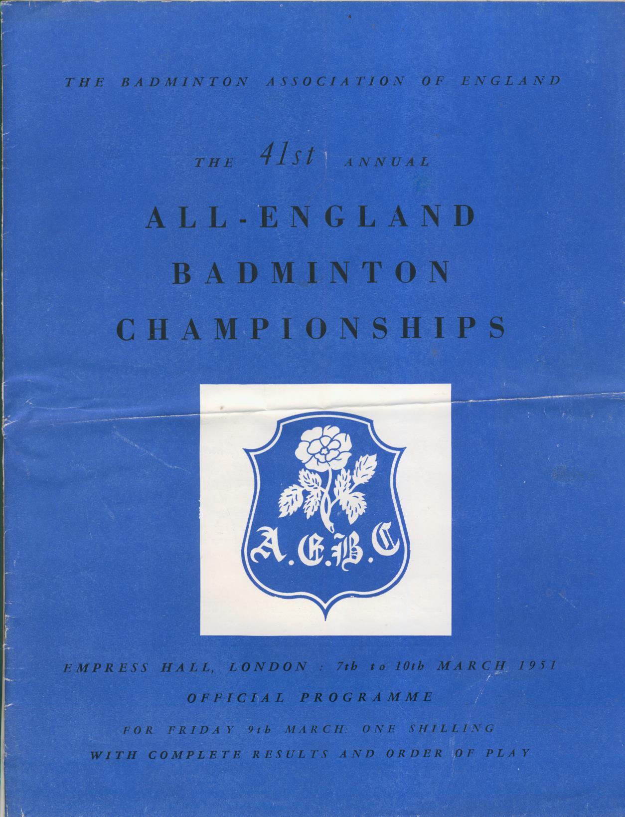 ALLENGLAND BADMINTON CHAMPIONSHIPS 1951 PROGRAMME