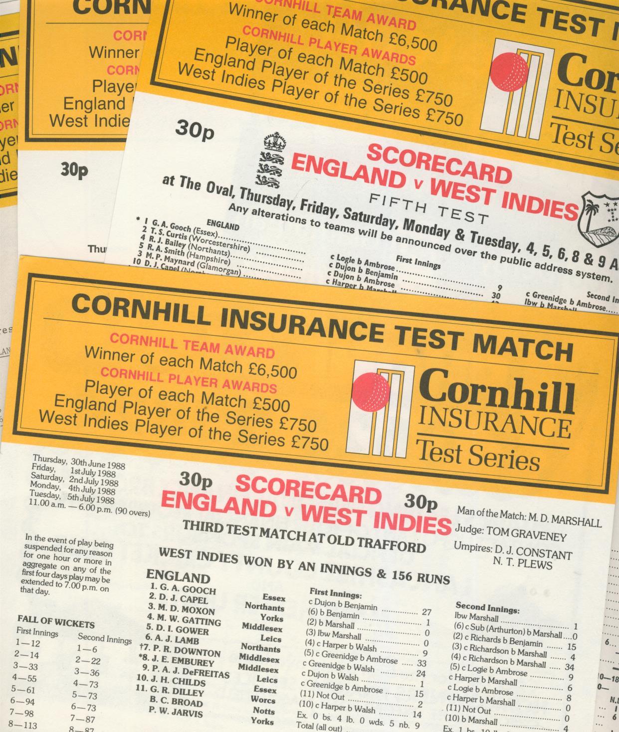 WEST INDIES 1988 CRICKET SCORECARDS INCLUDING ALL TEST MATCHES (FULLY