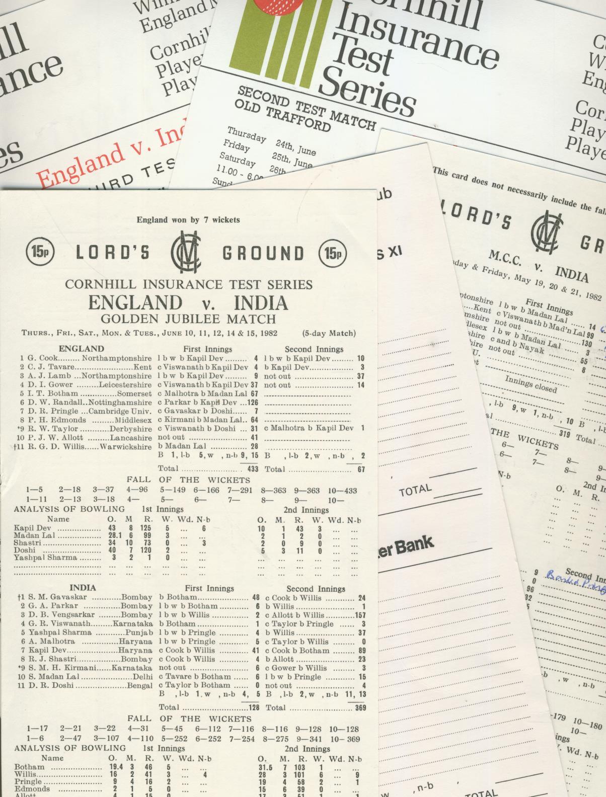 INDIA 1982 CRICKET SCORECARDS INCLUDING ALL 3 TEST MATCHES