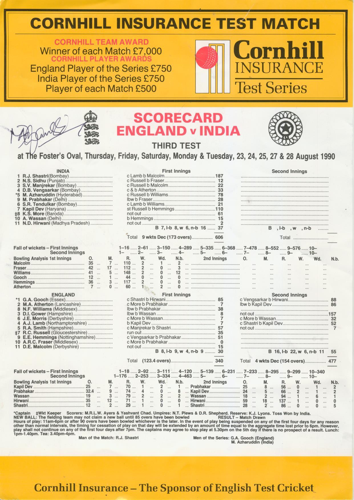 ENGLAND V INDIA 1990 (OVAL) CRICKET SCORECARD