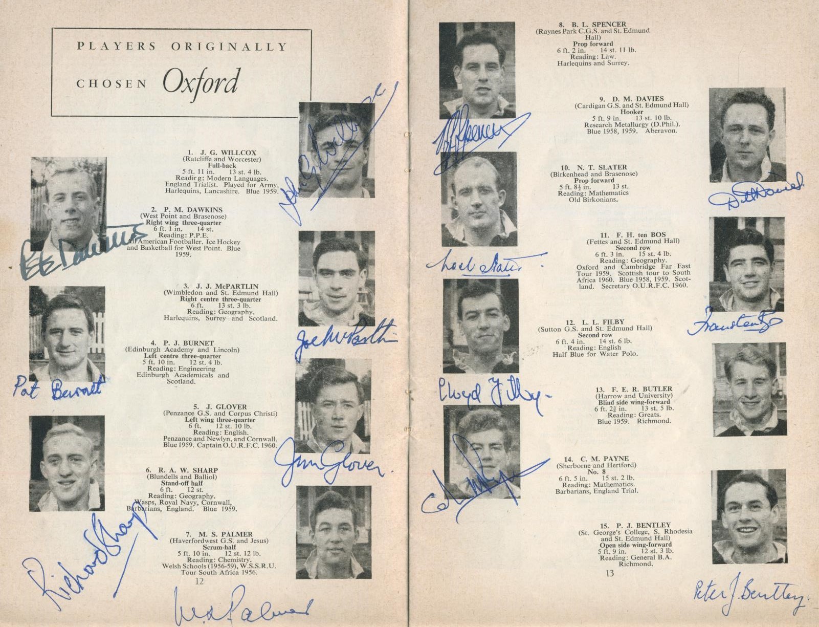 OXFORD V CAMBRIDGE 1960 RUGBY PROGRAMME (SIGNED BY OXFORD TEAM) Rugby