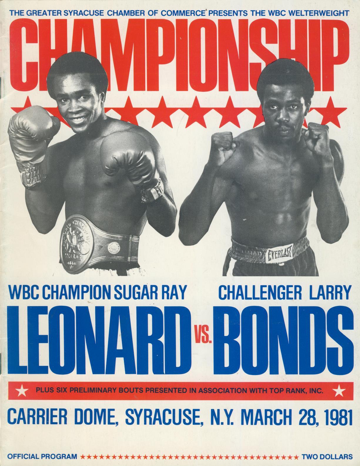 "SUGAR" RAY LEONARD V LARRY BONDS 1981 BOXING PROGRAMME Boxing